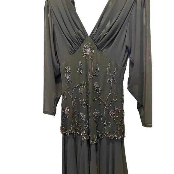 Vintage Dresses & Skirts - Vintage‎ Black Floral Beaded V-Neck Long Sleeve Evening Dress Size 12